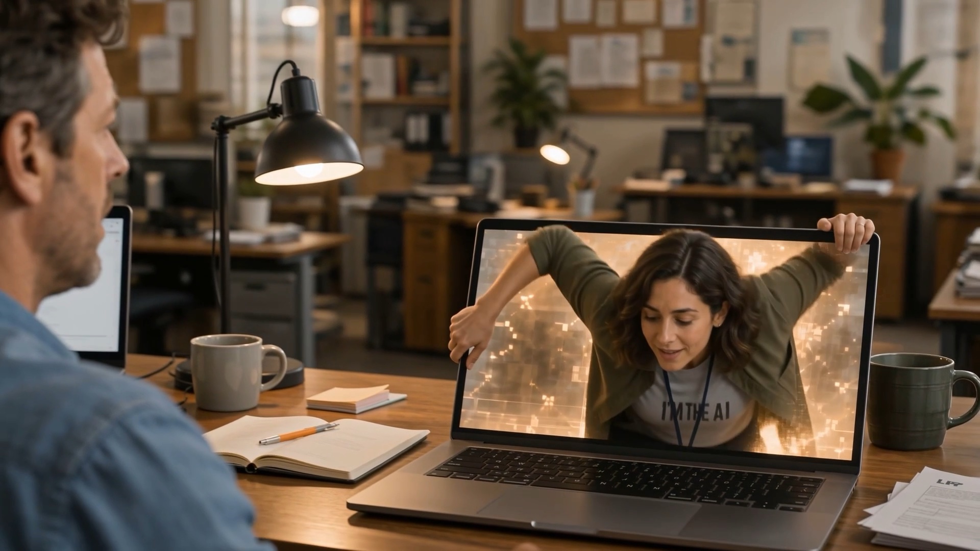 A friendly AI character climbing out of a business owner's laptop and into the workplace