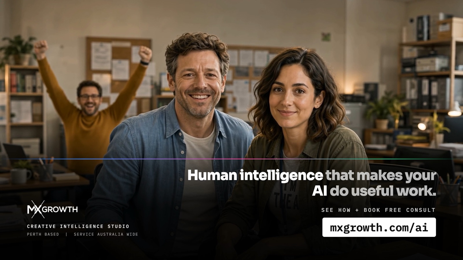 A business owner, AI assistant and team member working together
