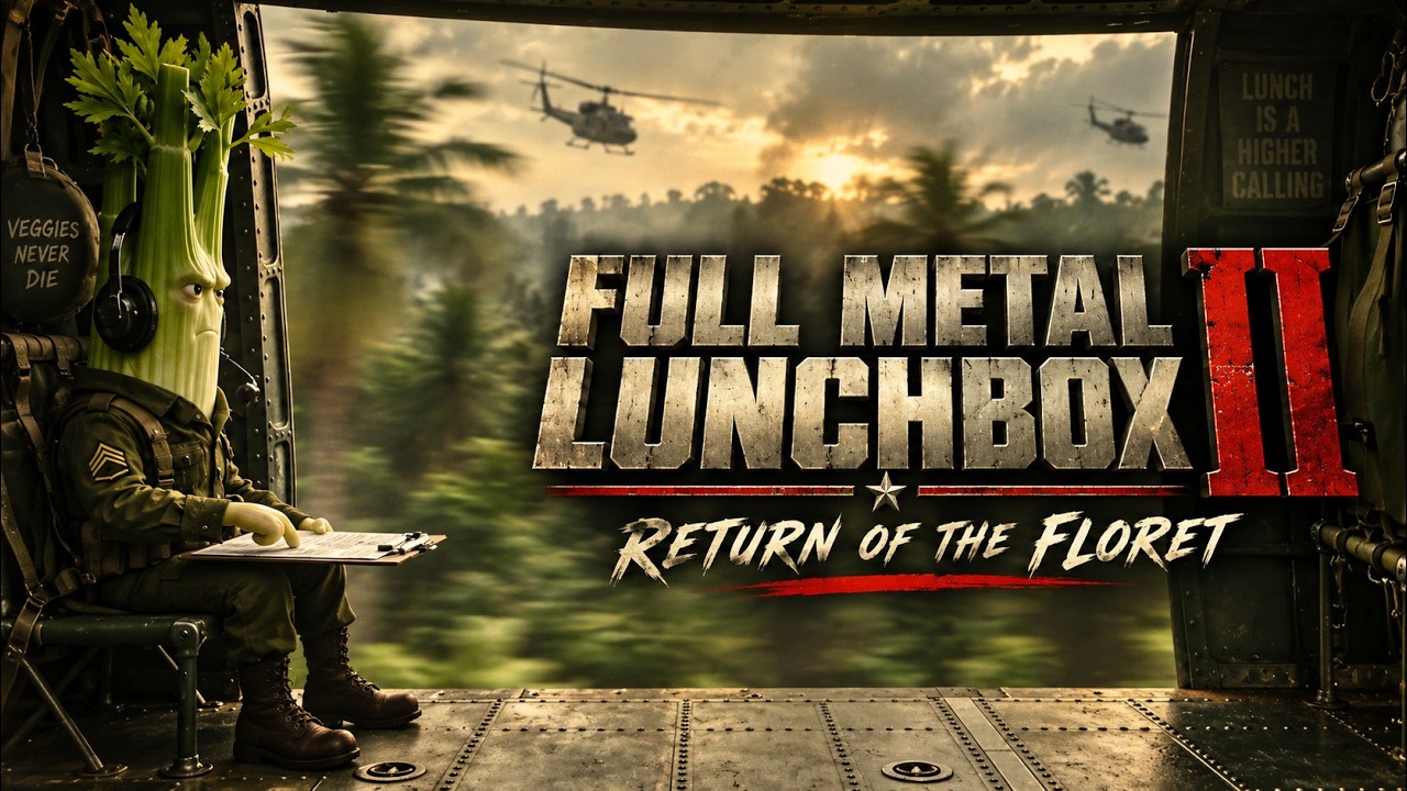 Still from Full Metal Lunchbox 2 — Our sequel to Runway’s own short. Twenty years on, they finally want the broccoli.